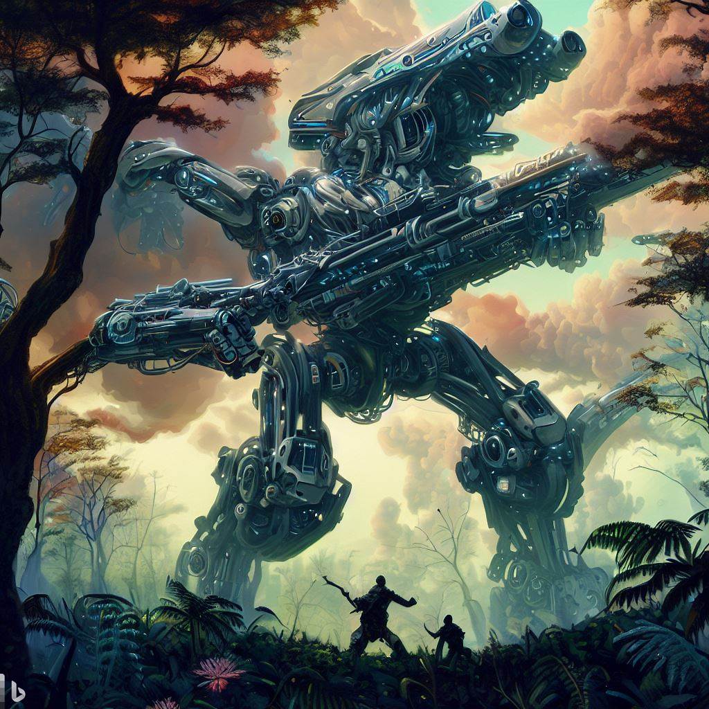 future mech dinosaur with guns fighting in tall forest, wildlife in foreground, surreal clouds, bloom, glass body, h.r. giger style 8.jpg